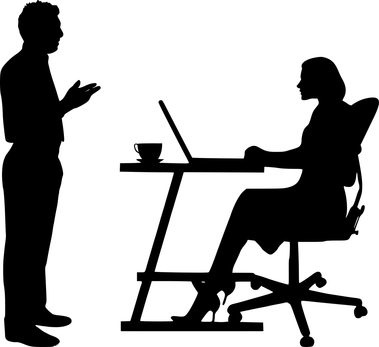 grafika wektorowa kobiety pracującej przy biurku na laptopie oraz mężczyzny stojącego na przeciw kobiety pracującej
