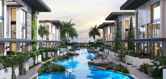 nowoczesne apartamenty z basenem i leżakami, egzotyczne rośliny, palmy, zachód słońca.