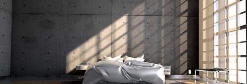 nowoczesna sypialnia, beton architektoniczny na ścianie, dywan, wschód słońca, pościel