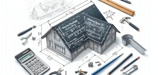 diagram obliczania efektywnej powierzchni dachu (EPD) dla doboru rynien. Obraz zawiera schemat dachu dwuspadowego z oznaczonymi wymiarami (długość, szerokość), kątami oraz wzorem na EPD. W tle widać dom z widoczną konstrukcją dachu i rynnami, co ilustruje proces obliczeń, dobór rynien