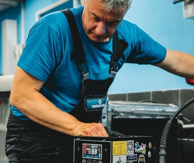 mechanik naprawia maszynę spawalniczą